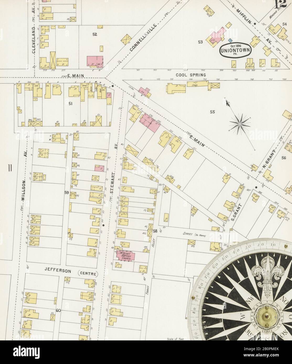 Immagine 12 Della Mappa Sanborn Fire Insurance Di Uniontown, Fayette County, Pennsylvania. Ott 1896. 13 fogli, America, mappa stradale con una bussola Del Xix Secolo Foto Stock