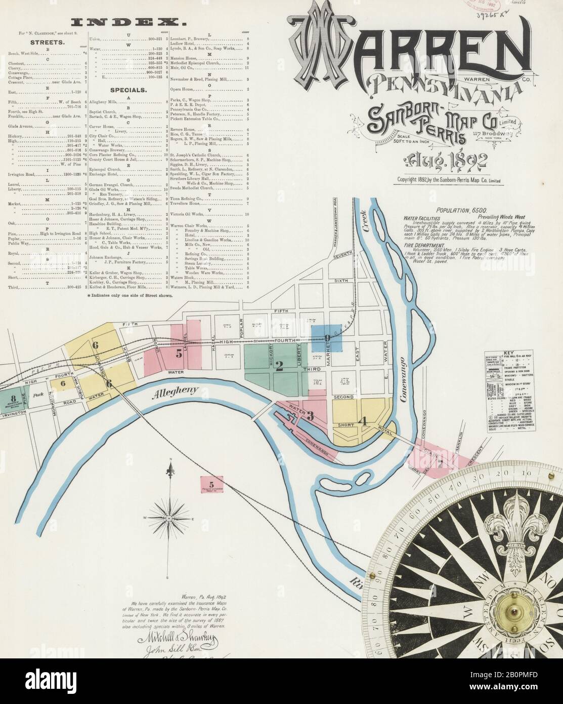 Immagine 1 Della Mappa Sanborn Fire Insurance Di Warren, Warren County, Pennsylvania. Ago 1892. 10 fogli, America, mappa stradale con una bussola Del Xix Secolo Foto Stock