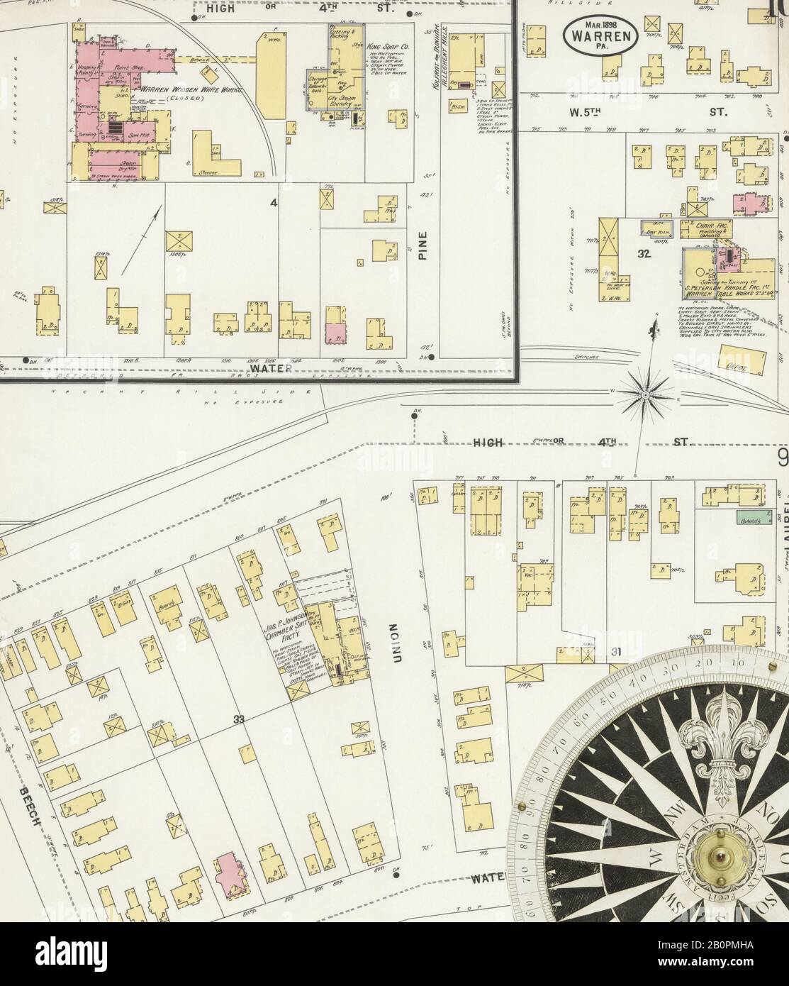 Immagine 10 Della Mappa Sanborn Fire Insurance Di Warren, Warren County, Pennsylvania. Mar 1898. 17 fogli, America, mappa stradale con una bussola Del Xix Secolo Foto Stock