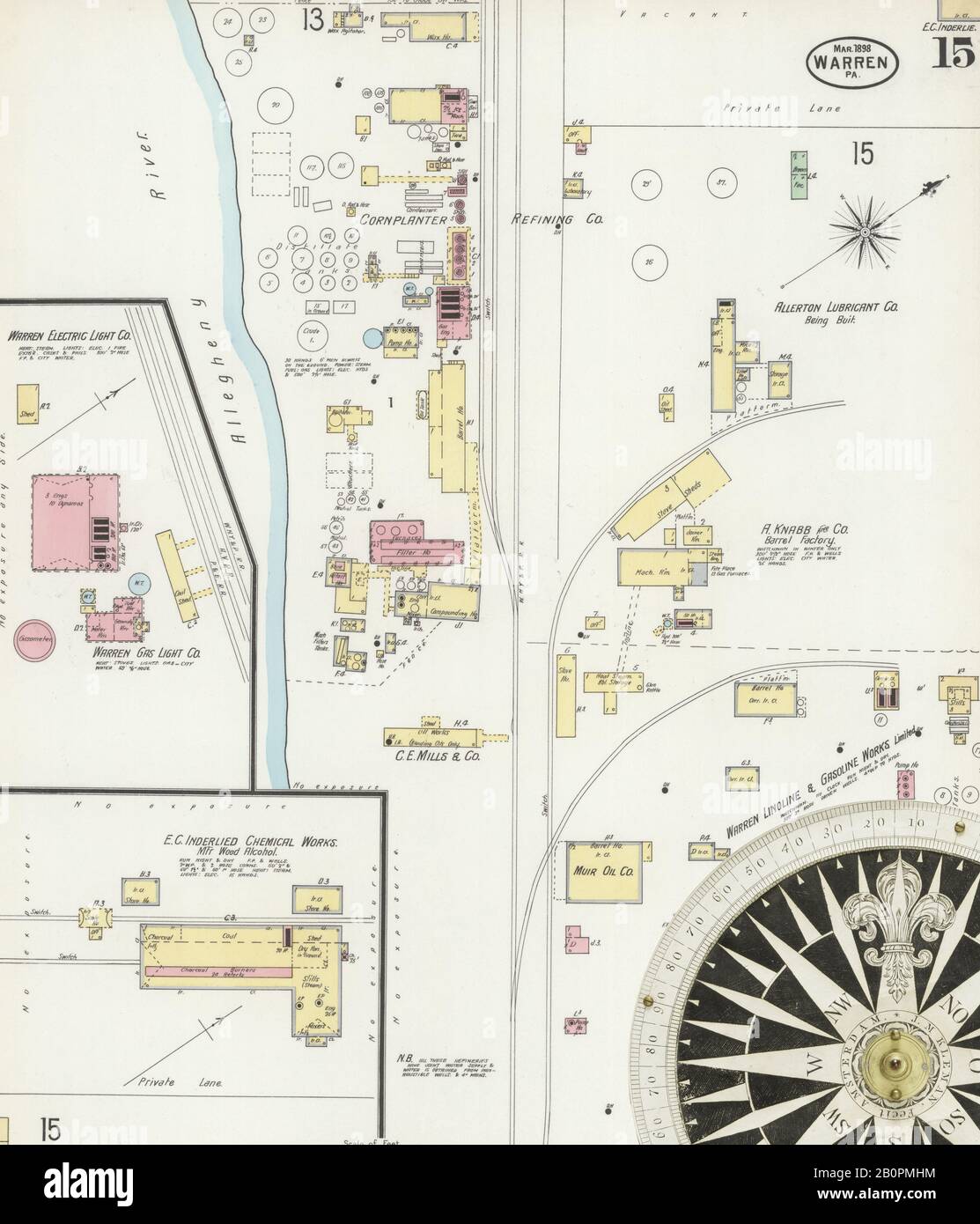 Immagine 15 Della Mappa Sanborn Fire Insurance Di Warren, Warren County, Pennsylvania. Mar 1898. 17 fogli, America, mappa stradale con una bussola Del Xix Secolo Foto Stock