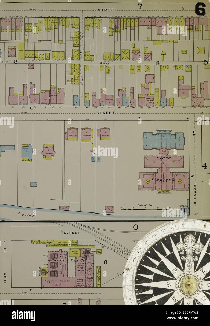 Immagine 14 Della Mappa Sanborn Fire Insurance Di Trenton, Mercer County, New Jersey. 1890. 47 fogli. Piastre a doppia invecchiamento numerate da 1 a 42. Bound, America, mappa stradale con una bussola Del Xix Secolo Foto Stock