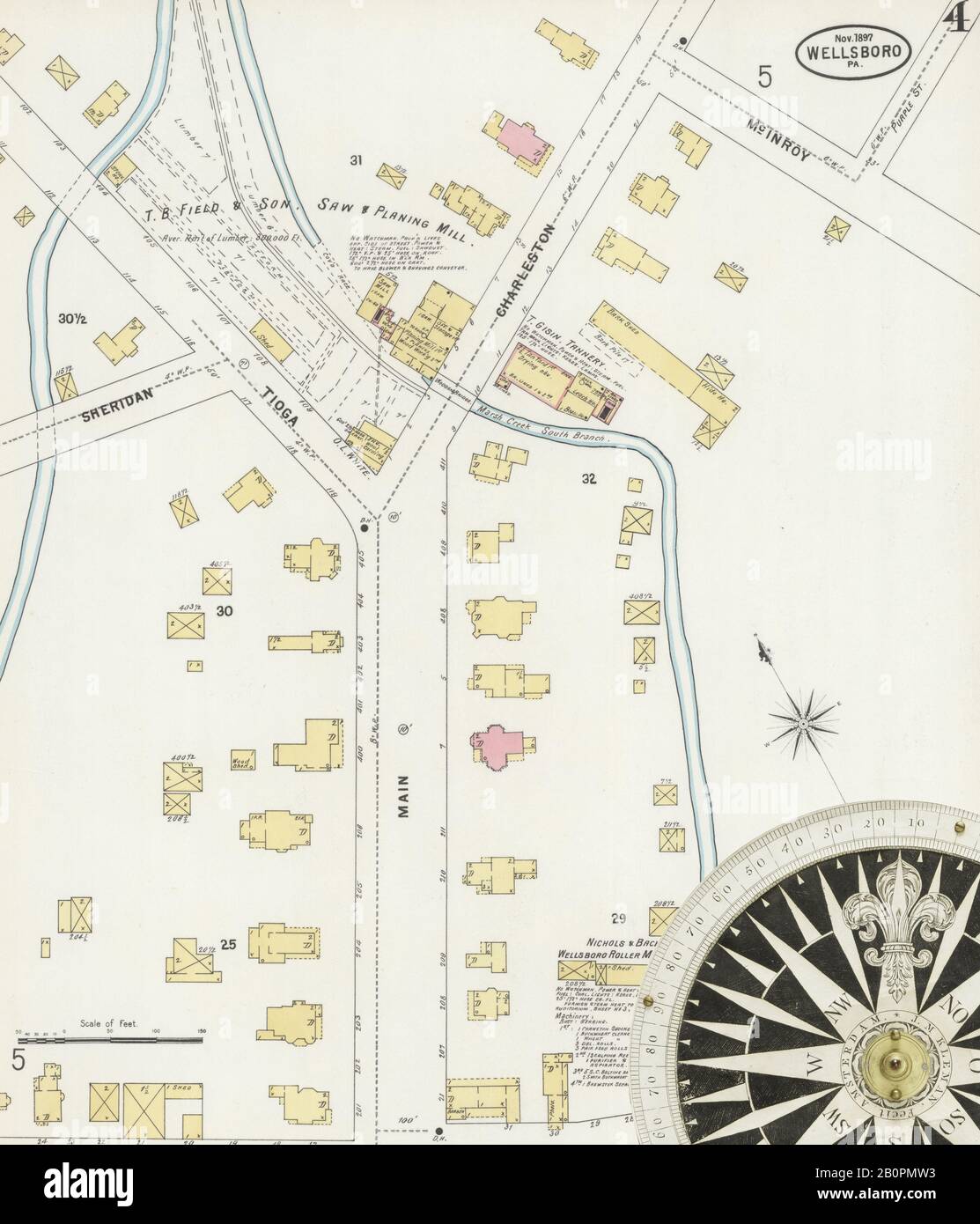 Immagine 4 Della Mappa Sanborn Fire Insurance Di Wellsboro, Tioga County, Pennsylvania. Nov 1897. 6 fogli, America, mappa stradale con una bussola Del Xix Secolo Foto Stock