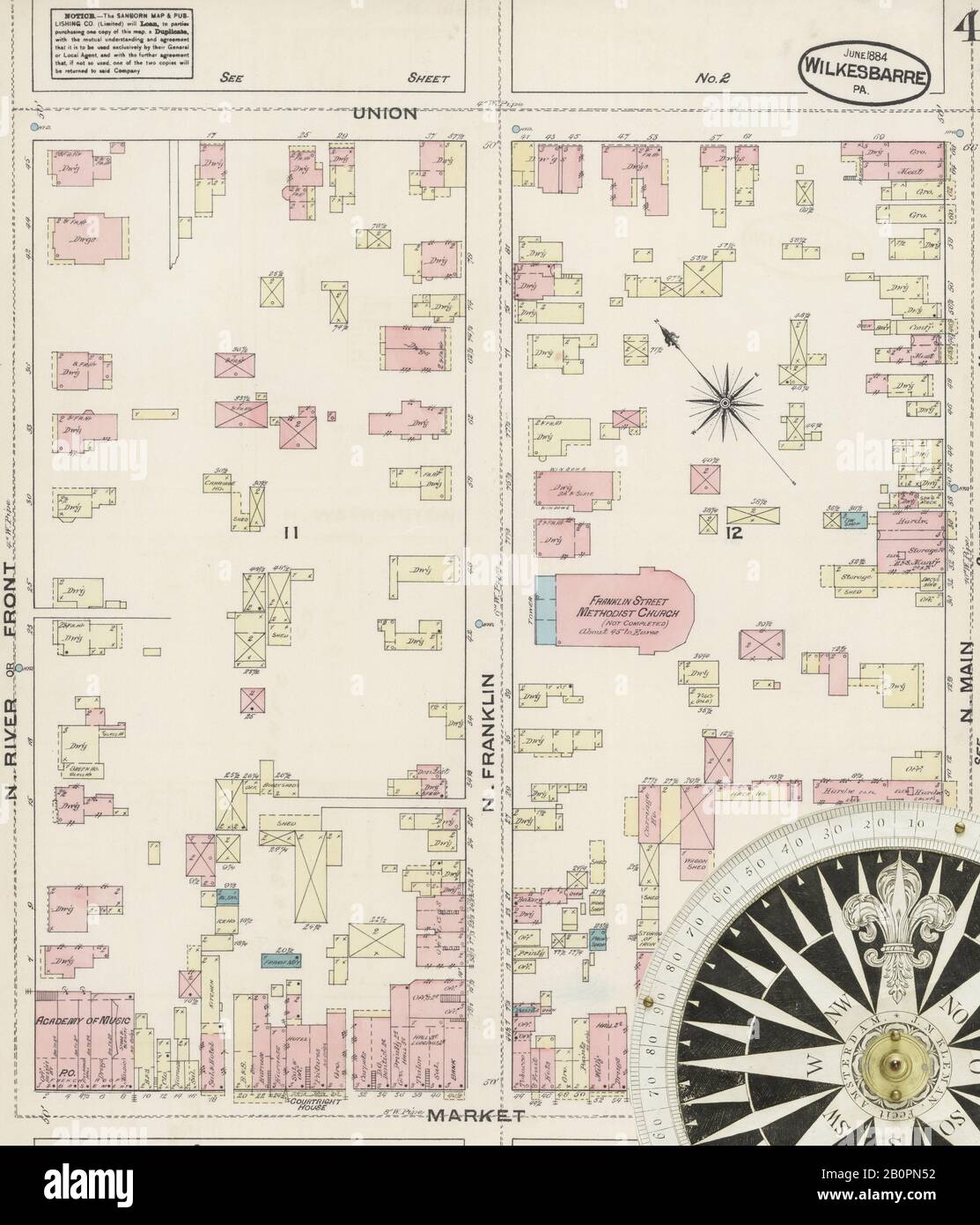 Immagine 4 Della Mappa Sanborn Fire Insurance Di Wilkes Barre, Luzerne County, Pennsylvania. Giu 1884. 16 fogli, America, mappa stradale con una bussola Del Xix Secolo Foto Stock