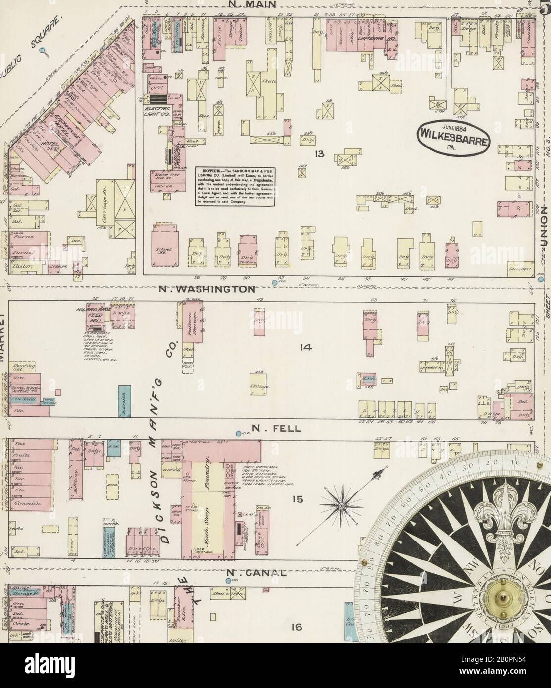 Immagine 5 Della Mappa Sanborn Fire Insurance Di Wilkes Barre, Luzerne County, Pennsylvania. Giu 1884. 16 fogli, America, mappa stradale con una bussola Del Xix Secolo Foto Stock