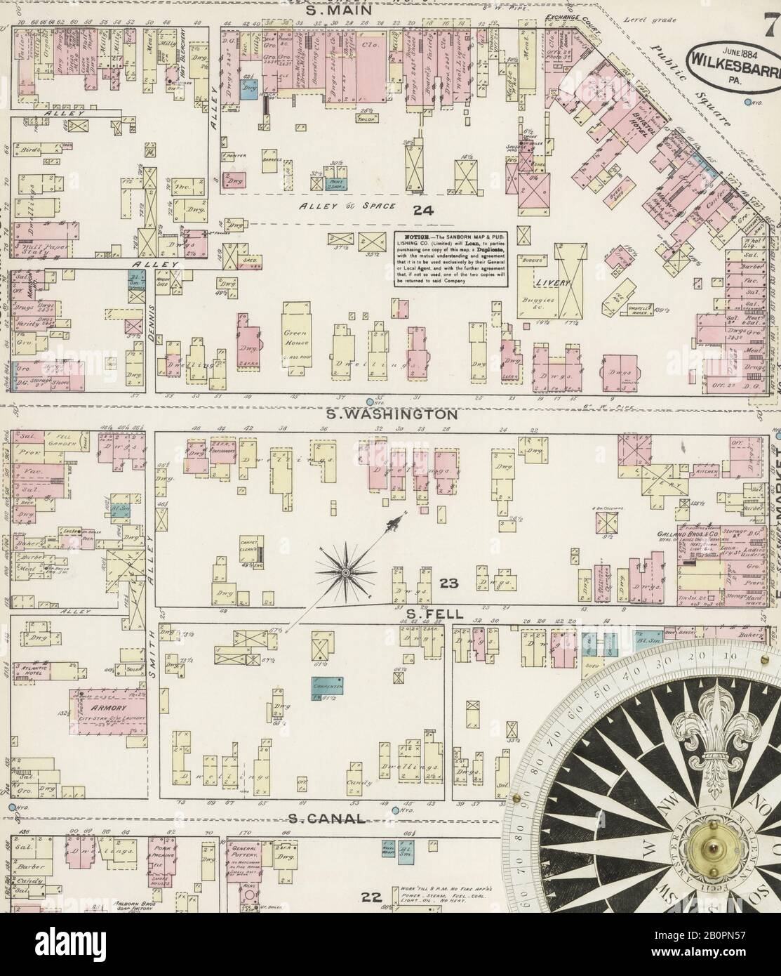 Immagine 7 Della Mappa Sanborn Fire Insurance Di Wilkes Barre, Luzerne County, Pennsylvania. Giu 1884. 16 fogli, America, mappa stradale con una bussola Del Xix Secolo Foto Stock