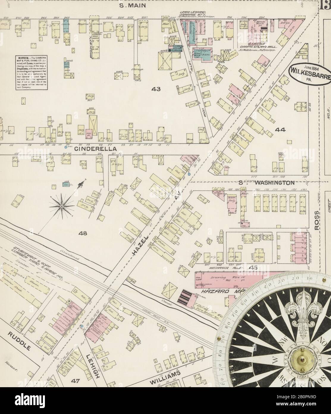 Immagine 13 Della Mappa Sanborn Fire Insurance Di Wilkes Barre, Luzerne County, Pennsylvania. Giu 1884. 16 fogli, America, mappa stradale con una bussola Del Xix Secolo Foto Stock