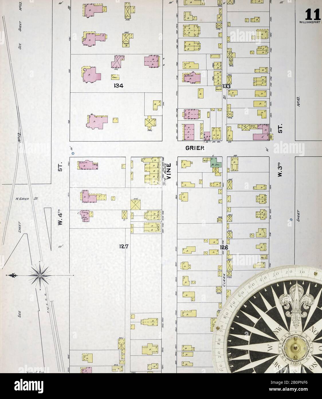 Immagine 11 Della Mappa Sanborn Fire Insurance Di Williamsport, Lycoming County, Pennsylvania. 1891. 56 fogli. Bound, America, mappa stradale con una bussola Del Xix Secolo Foto Stock