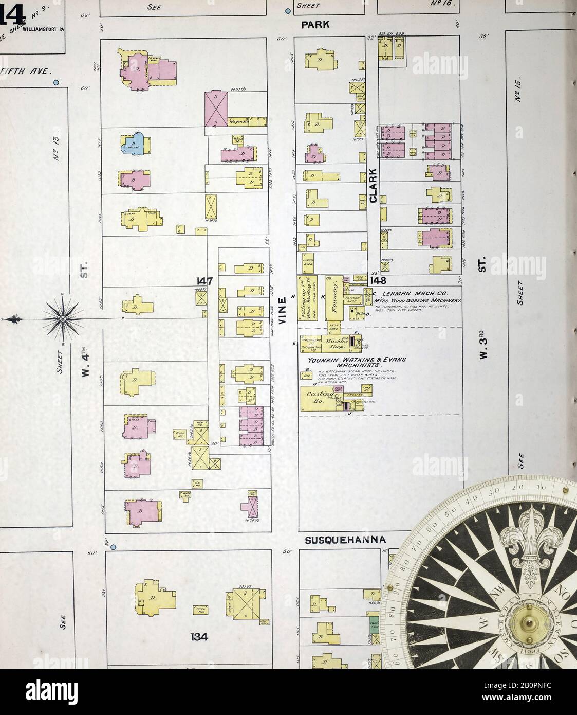 Immagine 14 Della Mappa Sanborn Fire Insurance Di Williamsport, Lycoming County, Pennsylvania. 1891. 56 fogli. Bound, America, mappa stradale con una bussola Del Xix Secolo Foto Stock