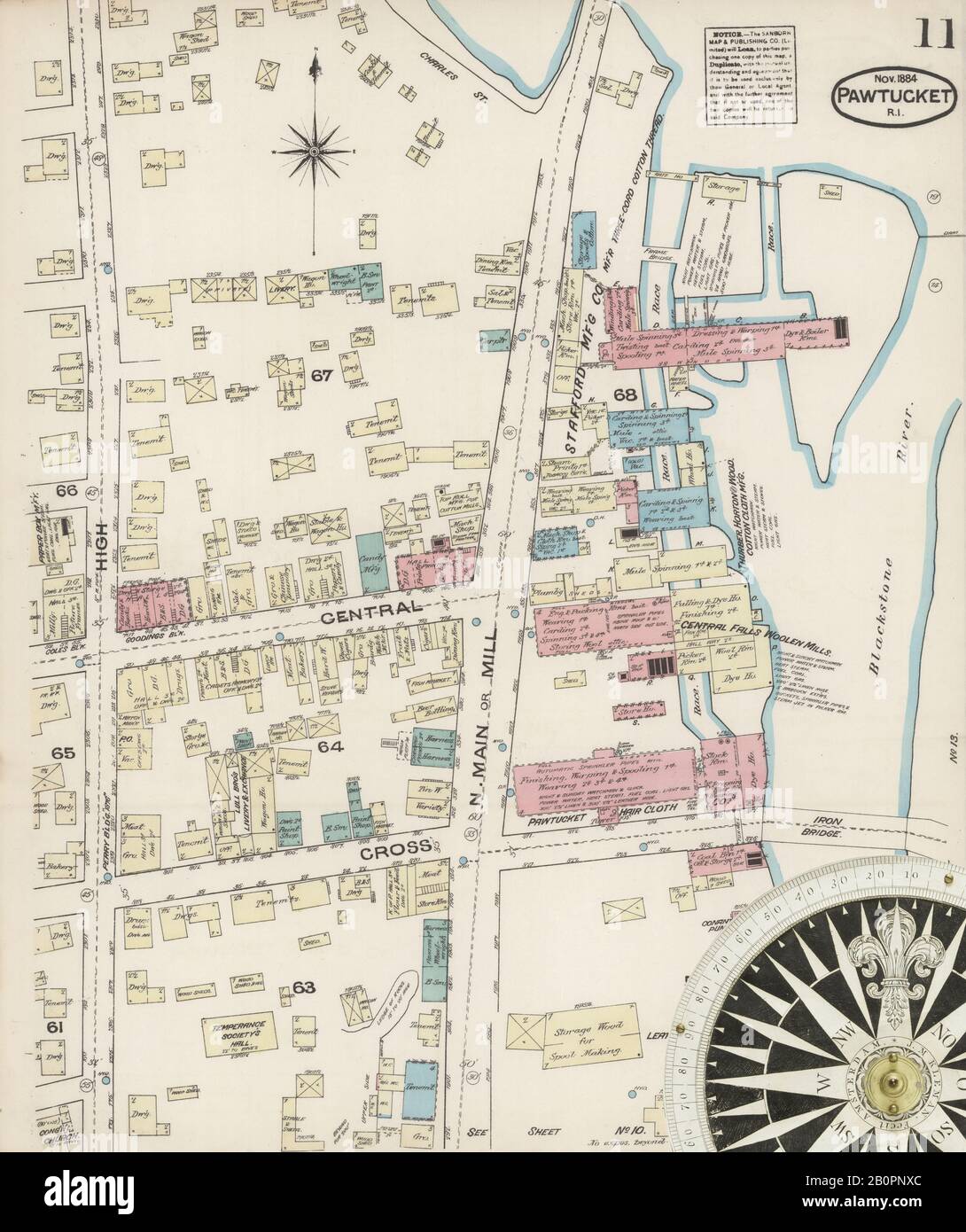 Immagine 11 Della Mappa Sanborn Fire Insurance Da Pawtucket, Providence County, Rhode Island. Nov 1884. 16 fogli, America, mappa stradale con una bussola Del Xix Secolo Foto Stock