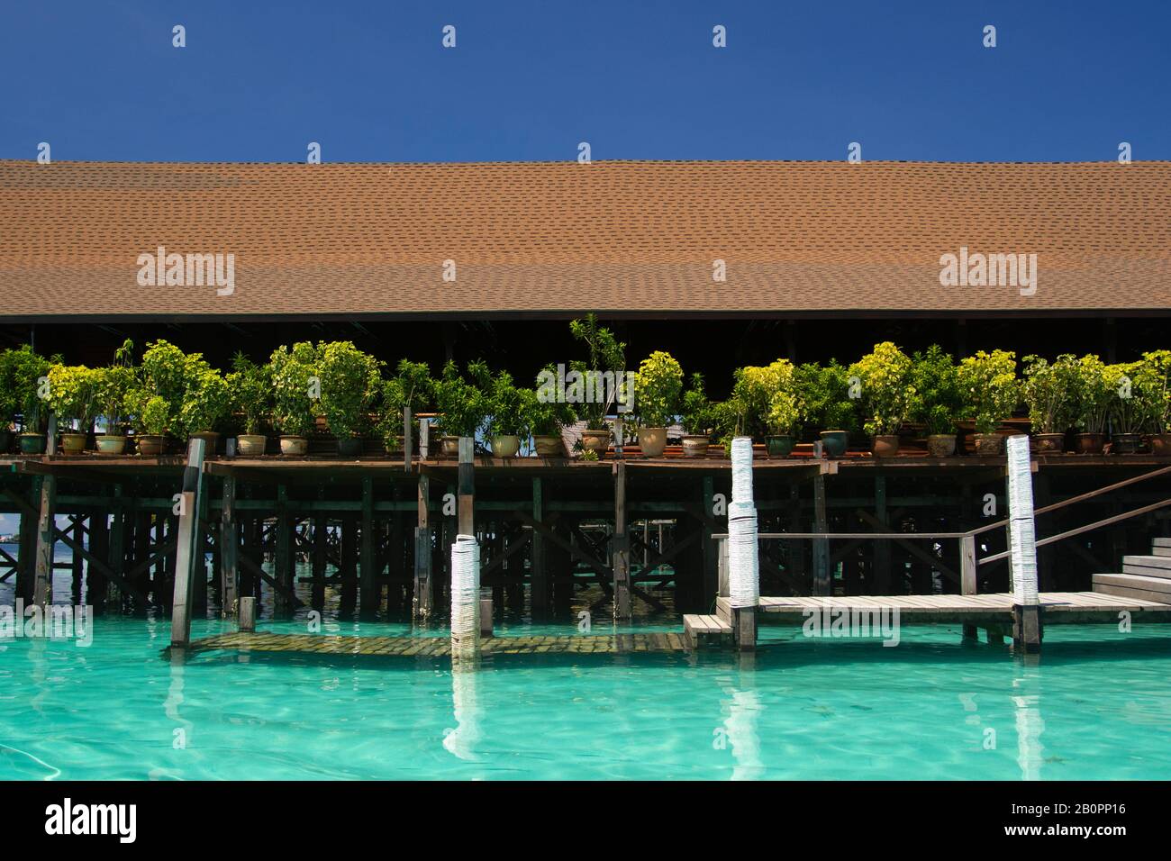 Molo e giardino su palafitte del Kapalai Dive Resort, Sipadan, Malesia Foto Stock