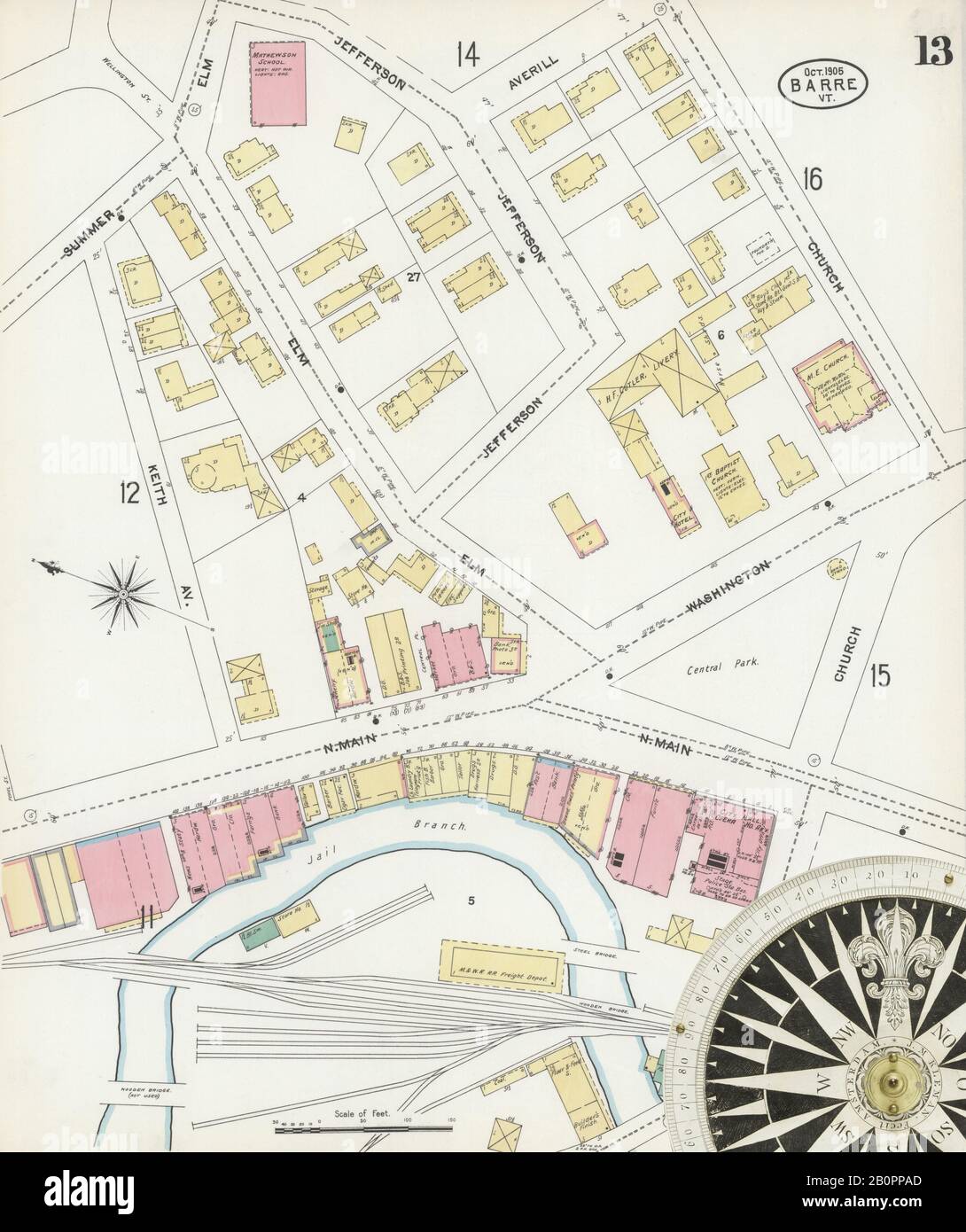 Immagine 13 Della Mappa Sanborn Fire Insurance Di Barre, Washington County, Vermont. Ott 1905. 24 fogli, America, mappa stradale con una bussola Del Xix Secolo Foto Stock