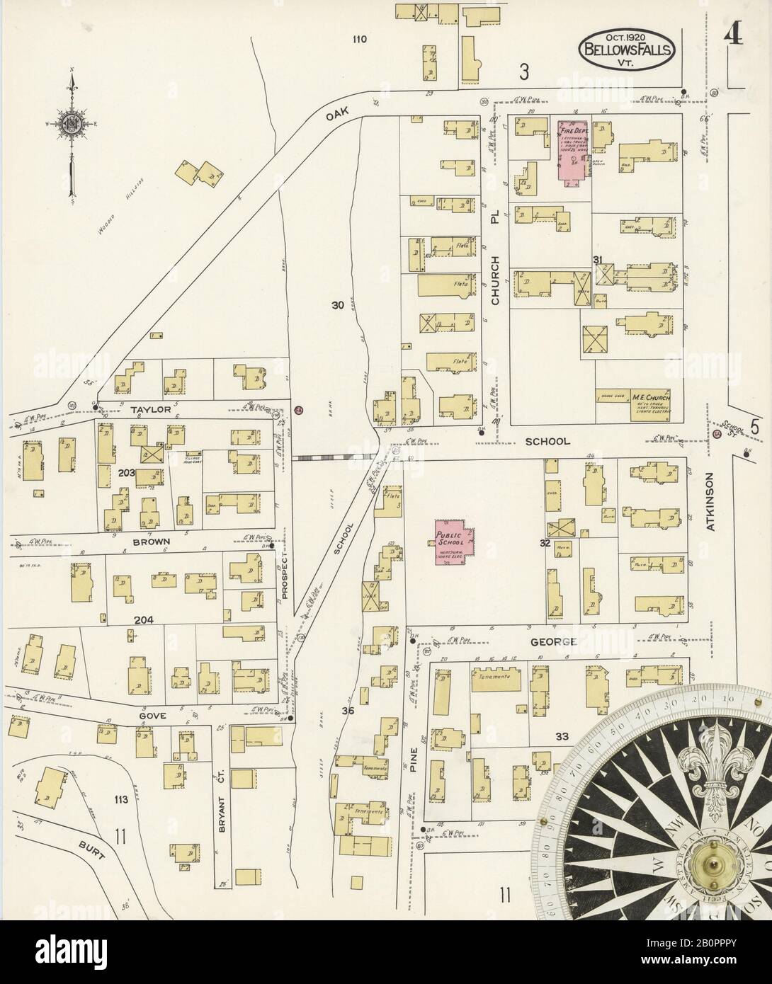 Immagine 4 Della Mappa Sanborn Fire Insurance Da Bellows Falls, Windham County, Vermont. Ott 1920. 14 fogli. Include North Westminster, North Walpole, Cheshire Co., New Hampshire, America, mappa stradale con una bussola Del Xix Secolo Foto Stock