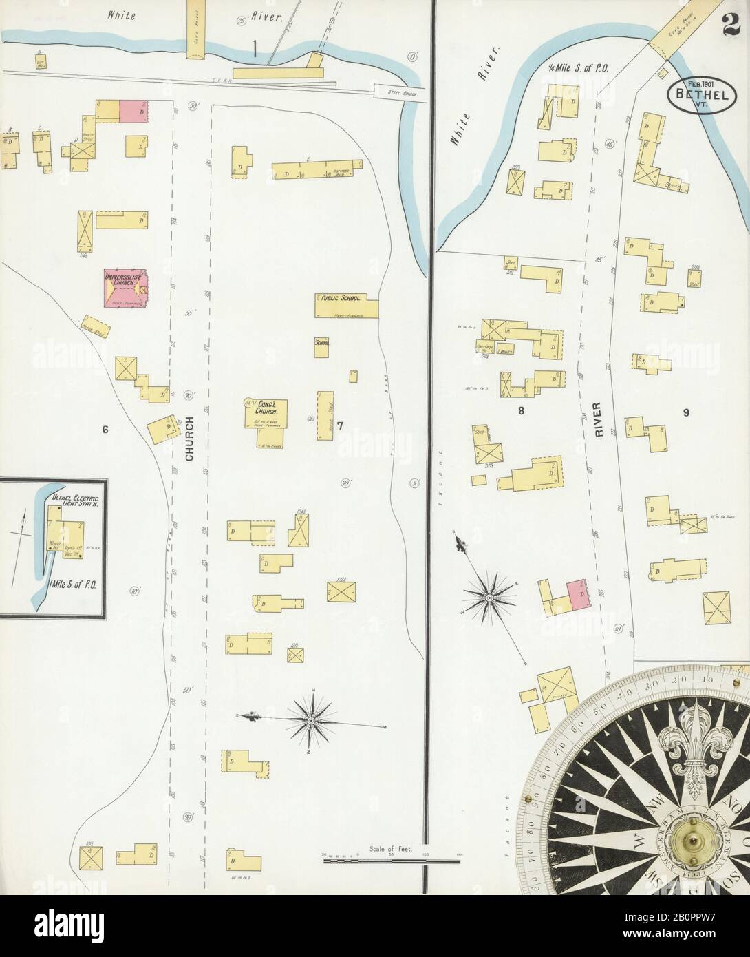 Immagine 2 Della Mappa Sanborn Fire Insurance Di Bethel, Windsor County, Vermont. Feb 1901. 2 fogli, America, mappa stradale con una bussola Del Xix Secolo Foto Stock