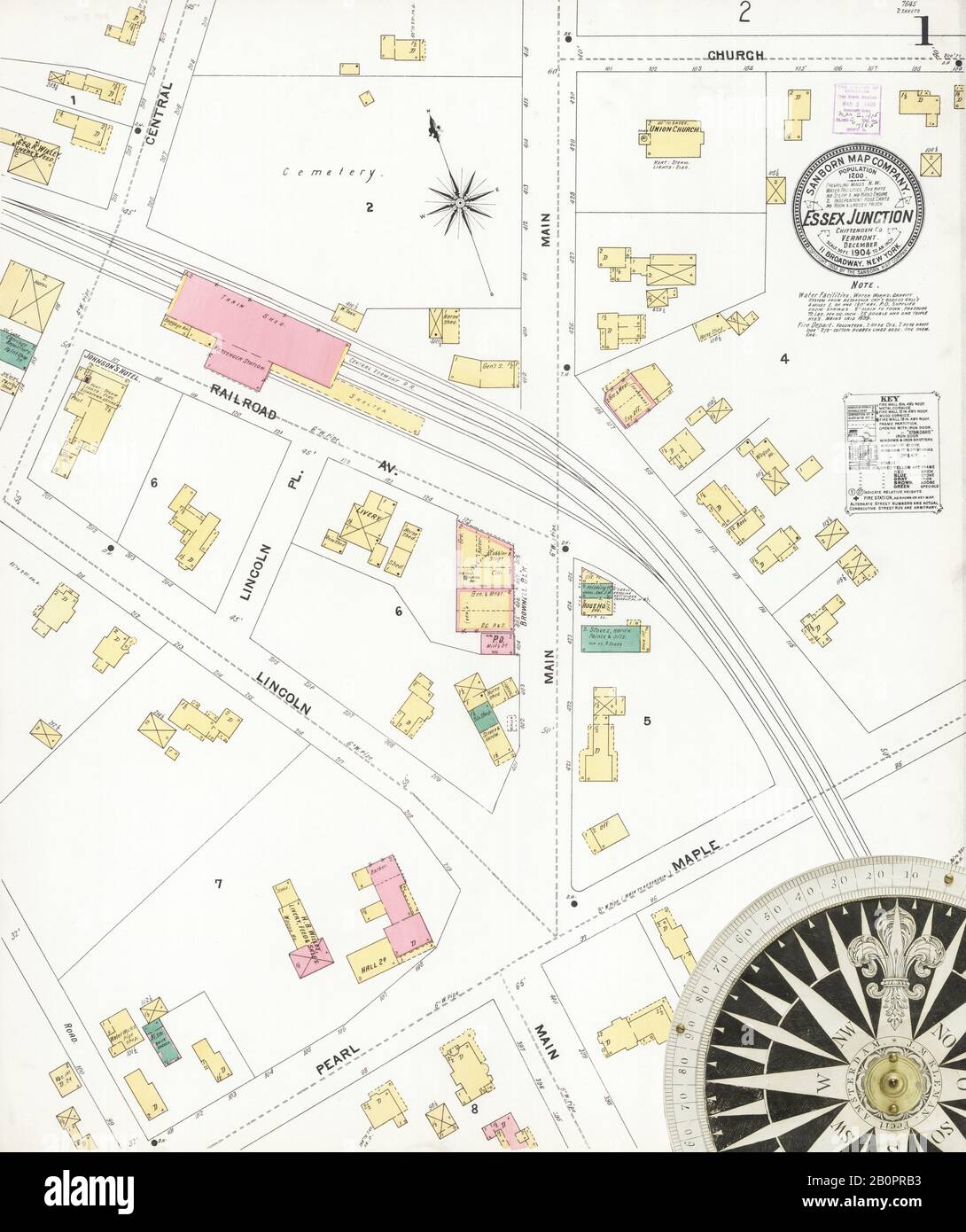 Immagine 1 Della Mappa Sanborn Fire Insurance Da Essex Junction, Chittenden County, Vermont. Dic 1904. 2 fogli, America, mappa stradale con una bussola Del Xix Secolo Foto Stock