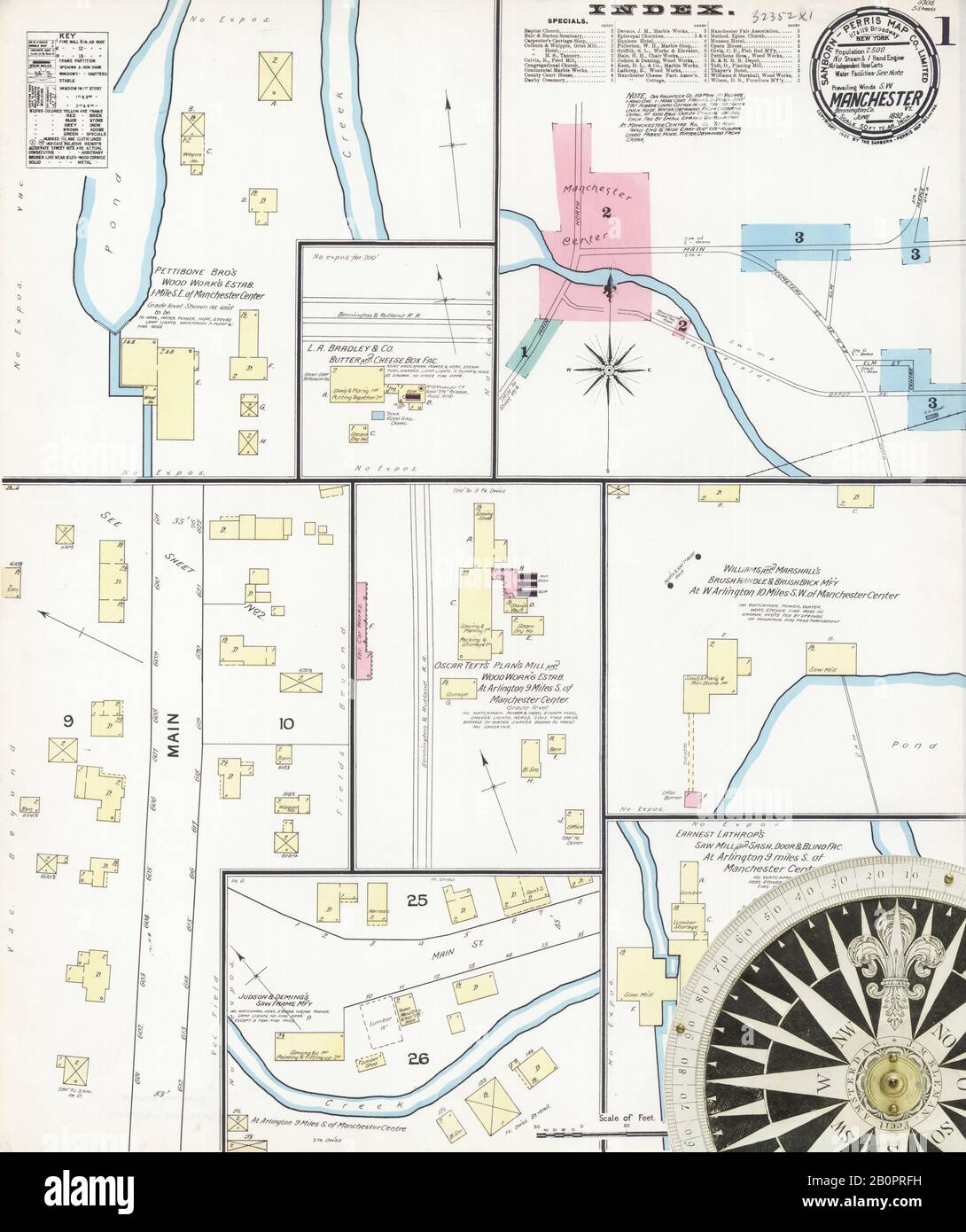 Immagine 1 Della Mappa Sanborn Fire Insurance Da Manchester, Bennington County, Vermont. Giu 1892. 5 fogli, America, mappa stradale con una bussola Del Xix Secolo Foto Stock