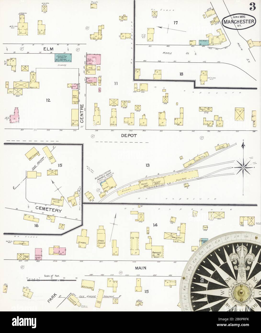 Immagine 3 Della Mappa Sanborn Fire Insurance Da Manchester, Bennington County, Vermont. Giu 1892. 5 fogli, America, mappa stradale con una bussola Del Xix Secolo Foto Stock