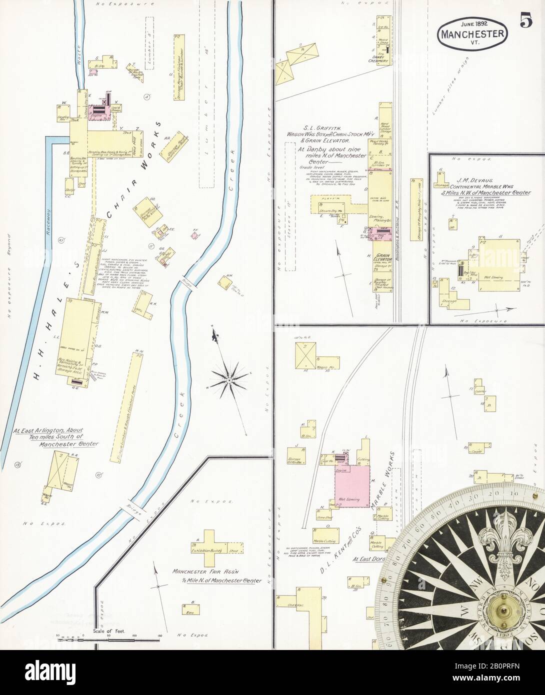 Immagine 5 Della Mappa Sanborn Fire Insurance Da Manchester, Bennington County, Vermont. Giu 1892. 5 fogli, America, mappa stradale con una bussola Del Xix Secolo Foto Stock