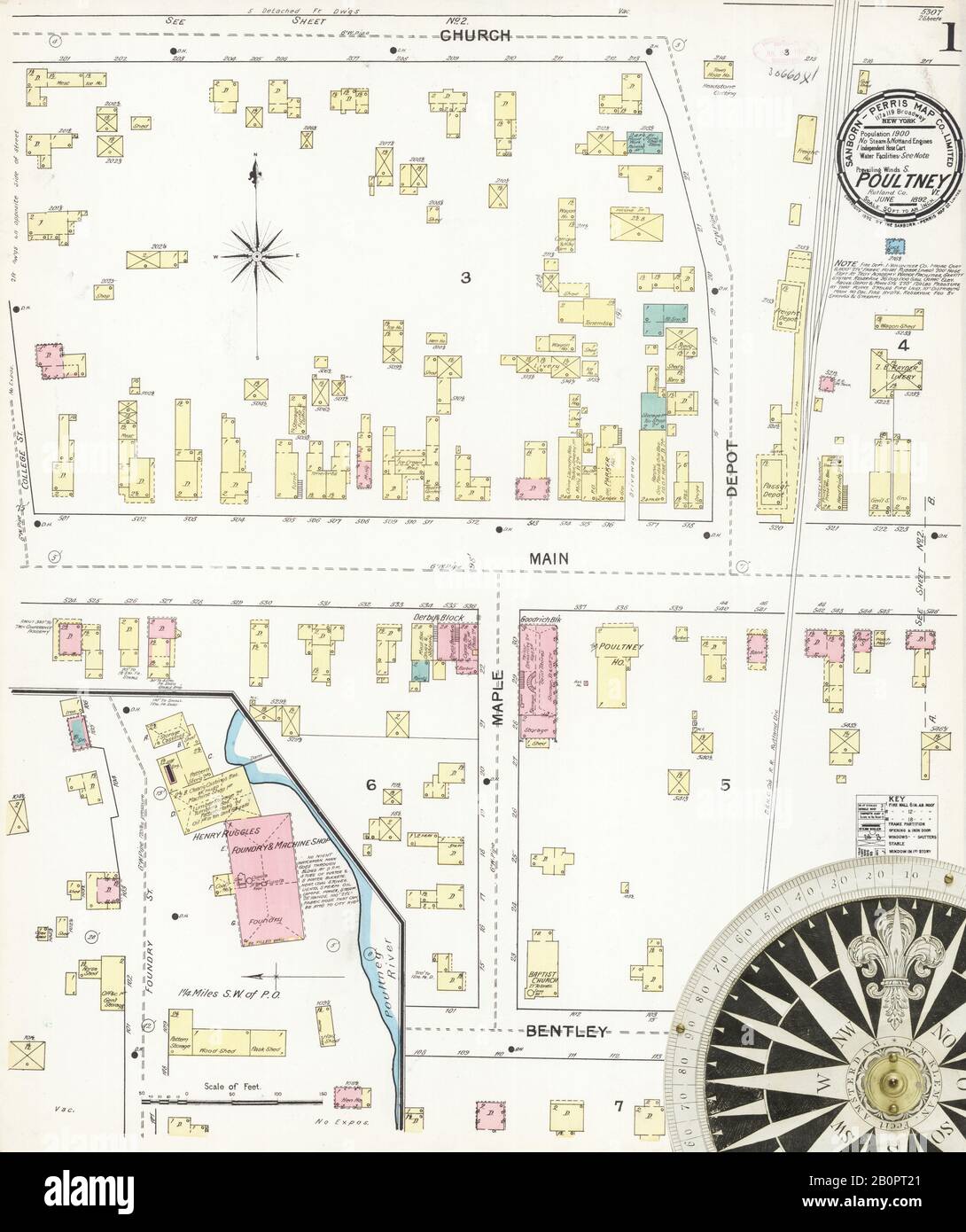 Immagine 1 Della Mappa Sanborn Fire Insurance Di Poultney, Rutland County, Vermont. Giu 1892. 2 fogli, America, mappa stradale con una bussola Del Xix Secolo Foto Stock