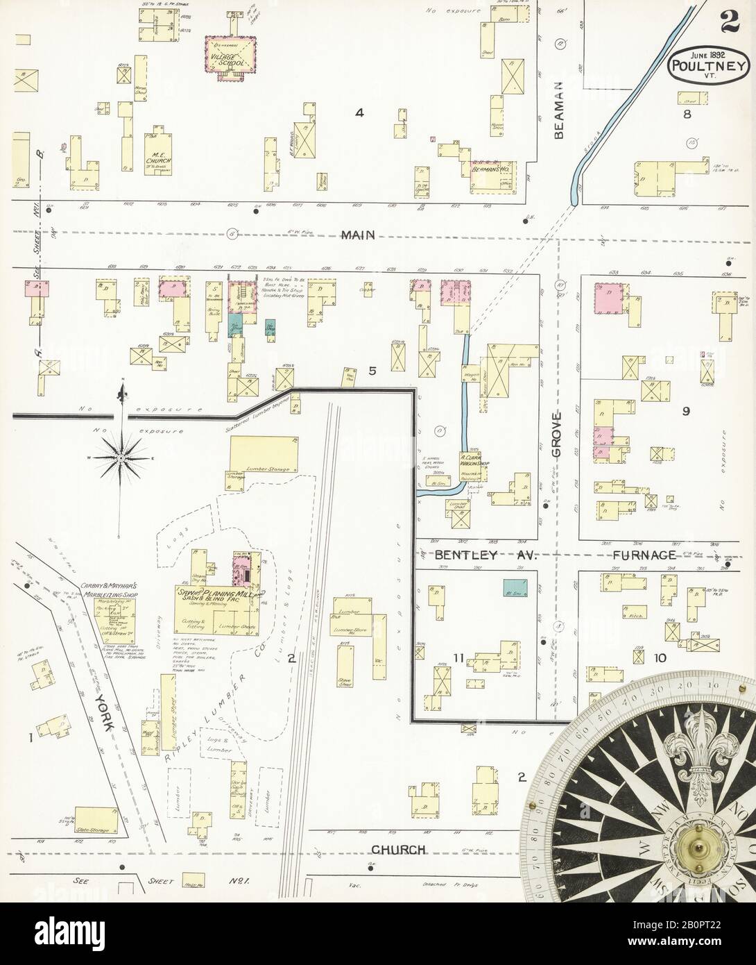 Immagine 2 Della Mappa Sanborn Fire Insurance Di Poultney, Rutland County, Vermont. Giu 1892. 2 fogli, America, mappa stradale con una bussola Del Xix Secolo Foto Stock