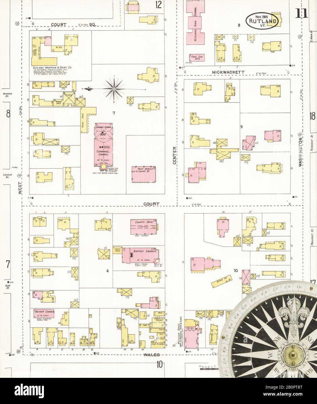 Immagine 11 Della Mappa Sanborn Fire Insurance Da Rutland, Rutland County, Vermont. Novembre 1905. 28 fogli, America, mappa stradale con una bussola Del Xix Secolo Foto Stock