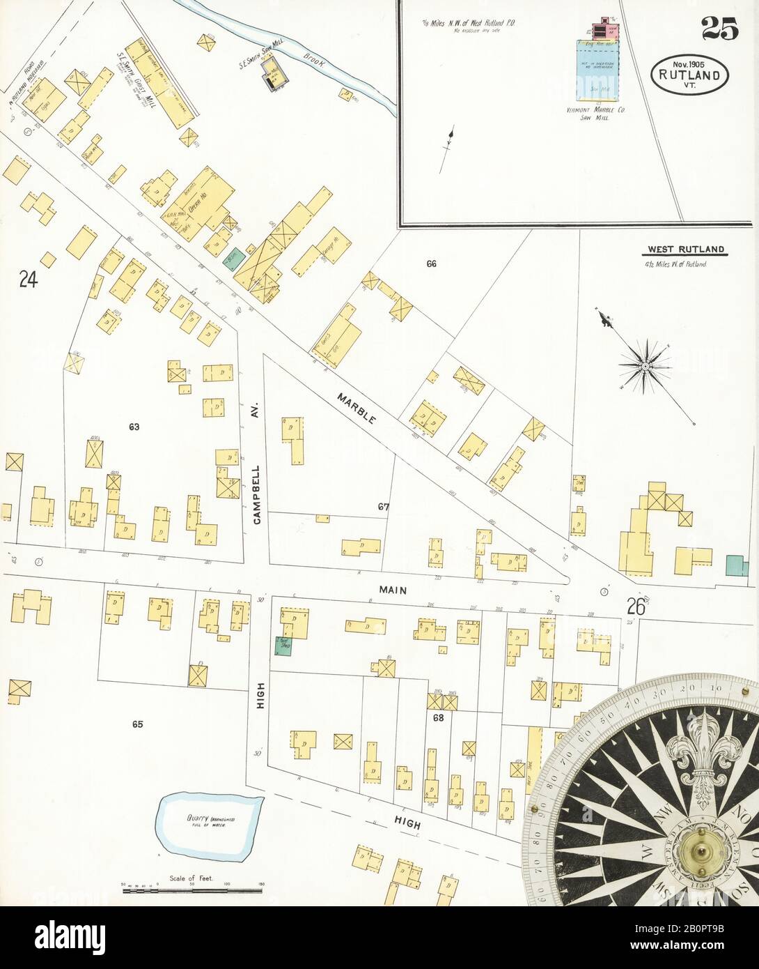 Immagine 25 Della Mappa Sanborn Fire Insurance Da Rutland, Rutland County, Vermont. Novembre 1905. 28 fogli, America, mappa stradale con una bussola Del Xix Secolo Foto Stock