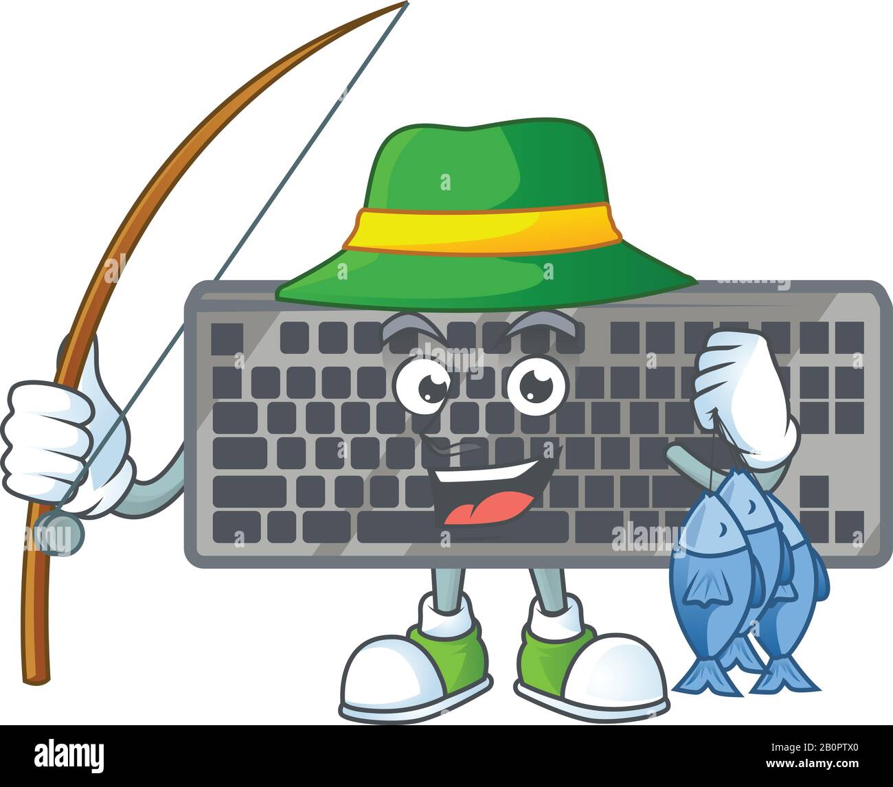 Un disegno mascotte di pesca tastiera nera con 3 pesci Illustrazione Vettoriale