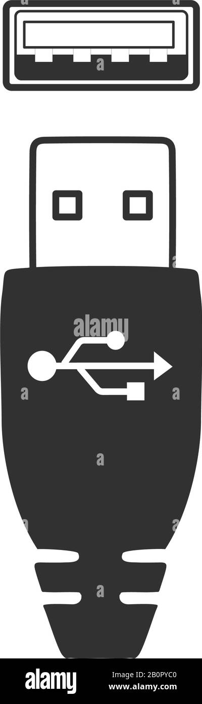 Porta e connettore USB, collegamento maschio femmina. Illustrazione del vettore di stock isolata su sfondo bianco. Illustrazione Vettoriale