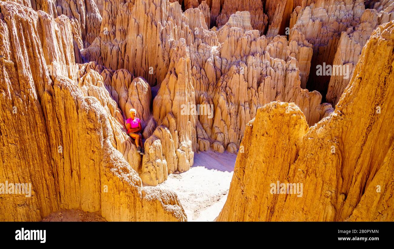 Donna nel suggestivo e unico modello di slot Canyons e Hoodoos nel Cathedral Grove state Park, Nevada, Stati Uniti Foto Stock