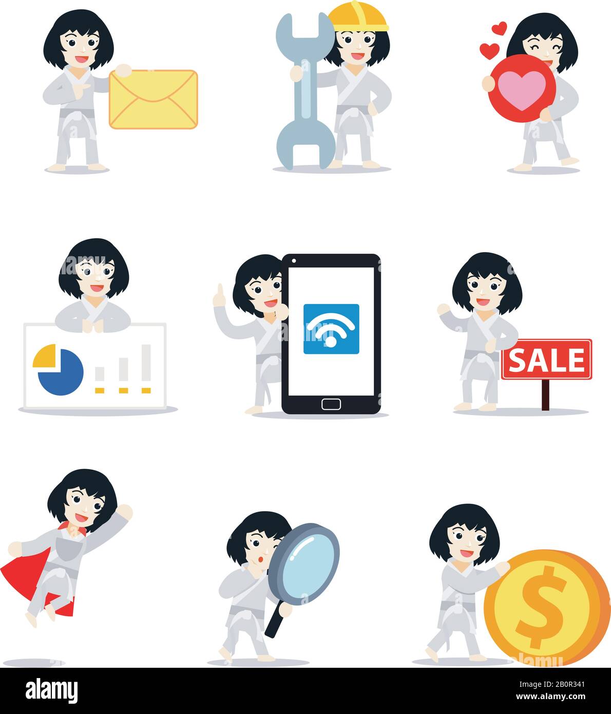 Il carattere del set dell'atleta della donna del judo sconfigge il suo anziano. Illustrazione Vettoriale