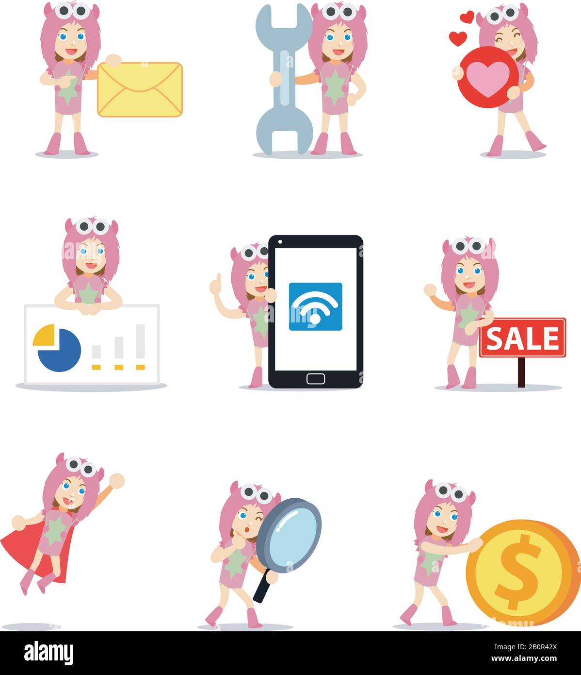 Set personaggio di donna in costume mostro rosa carino. Illustrazione Vettoriale