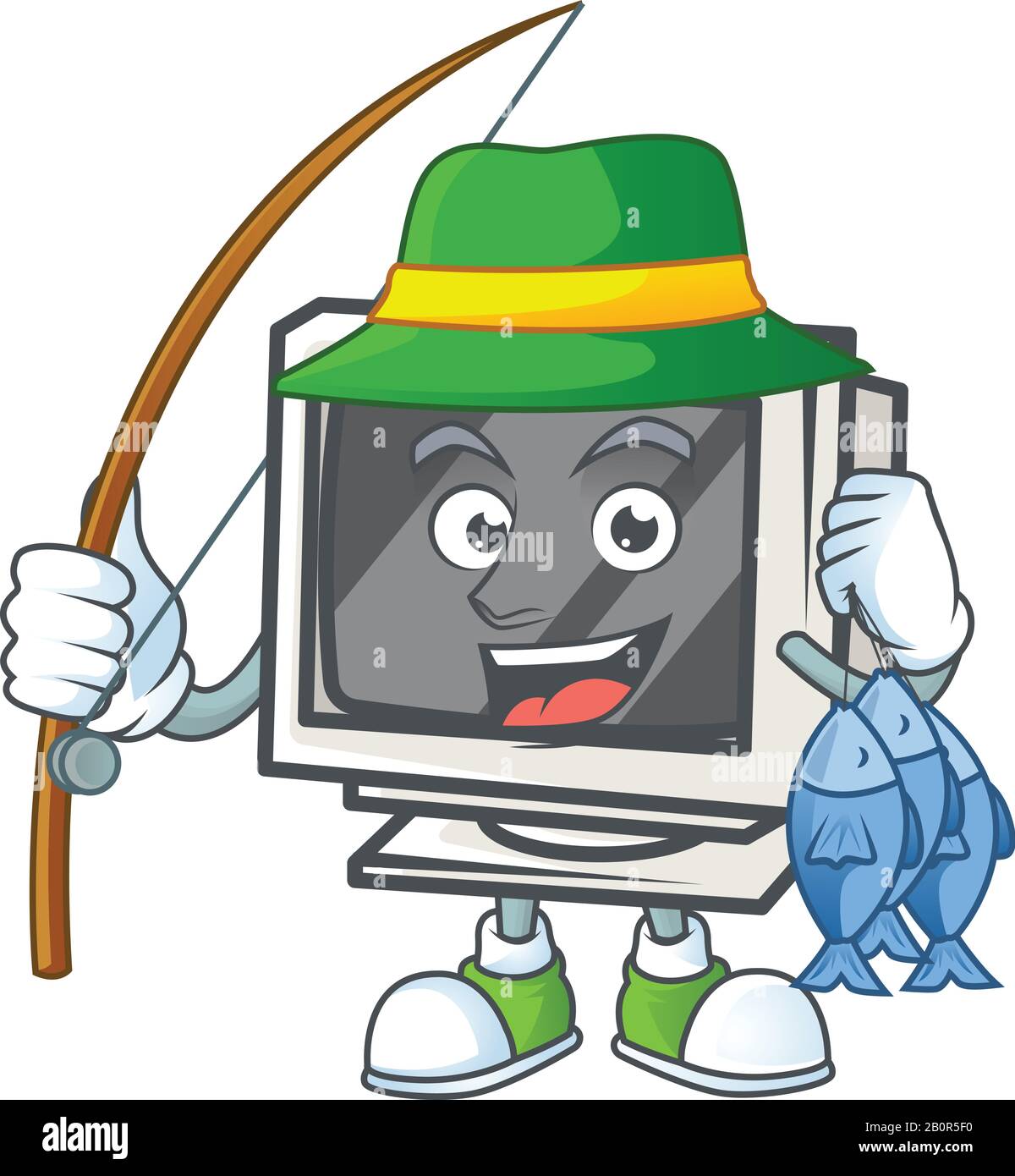 Una mascotte design di pesca vintage monitor con 3 pesci Illustrazione Vettoriale