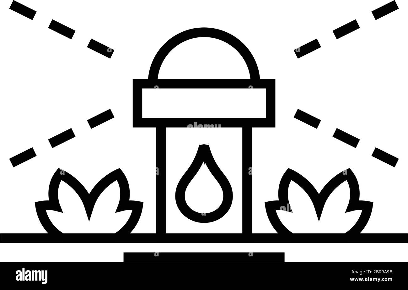 Icona della linea del sistema di irrigazione automatica, simbolo concettuale, illustrazione del vettore di contorno, simbolo lineare. Illustrazione Vettoriale