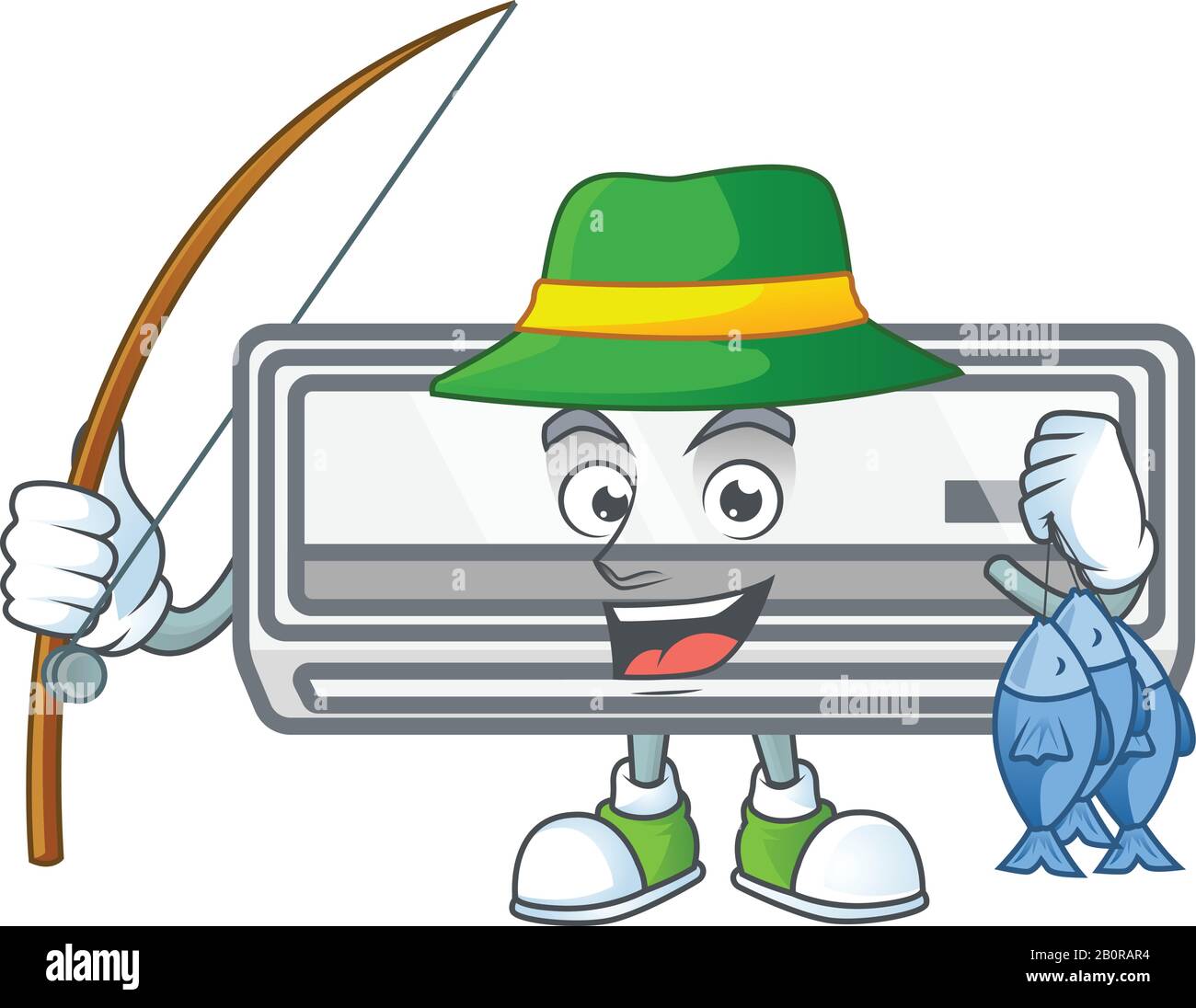 Un disegno mascotte di condizionatore d'aria di pesca con 3 pesci Illustrazione Vettoriale