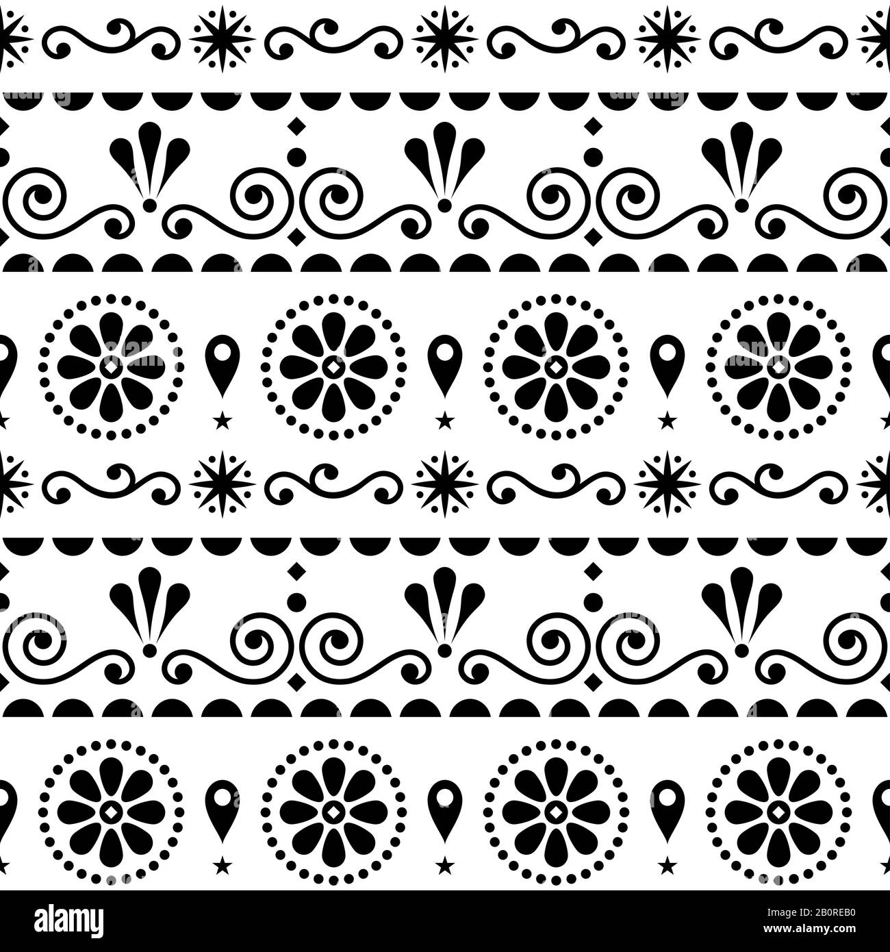 Arte popolare in stile floreale scandinavo motivo vettoriale senza cuciture con vortici, fiori e forme geometriche in bianco e nero Illustrazione Vettoriale