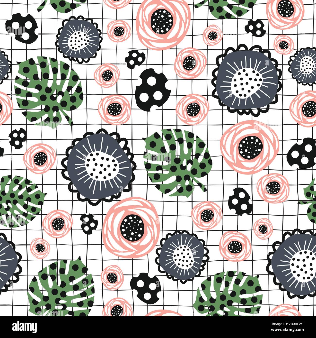 Astratta i fiori estivi su griglia geometrica senza cuciture vettore modello. Moderno sfondo ripetitivo con fiori esotici e foglie. Foglia di Monstera astratta Illustrazione Vettoriale