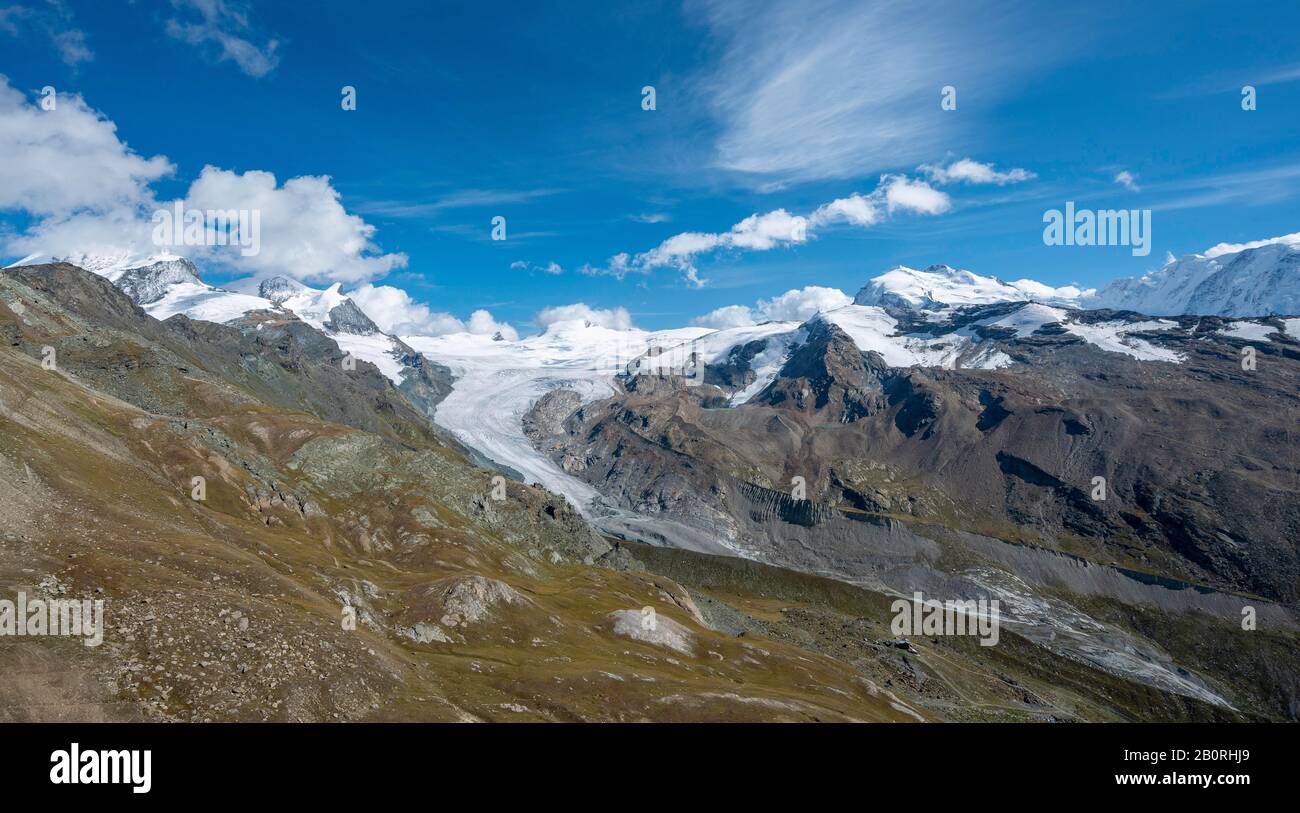 Ghiacciaio di Findelgletscher, visto da Unterrothorn, Zermatt, Canton Vallese, Svizzera Foto Stock