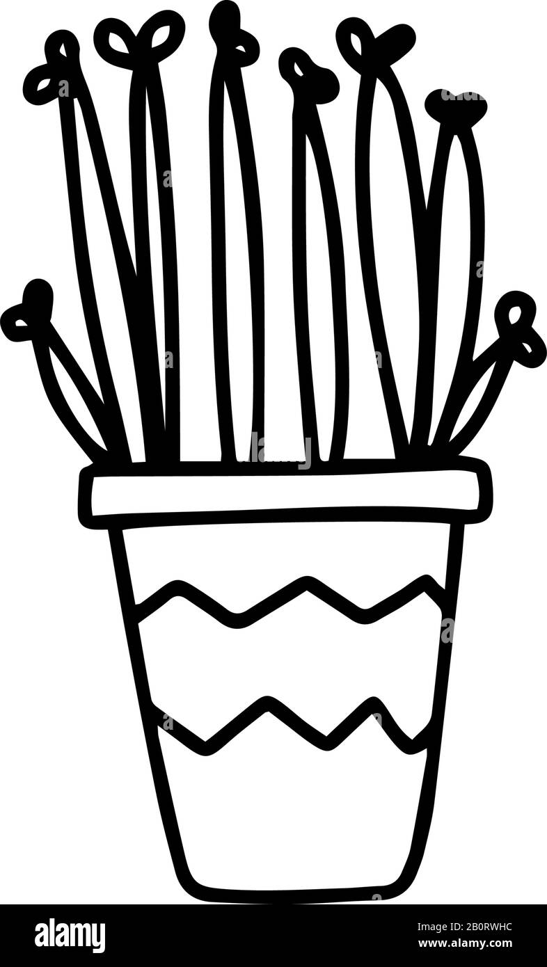 Un secchio di fiori, un vaso di piante in stile doodle disegnato a mano isolato su sfondo bianco. Illustrazione dello stock del contorno del vettore. Segno giardinaggio Illustrazione Vettoriale