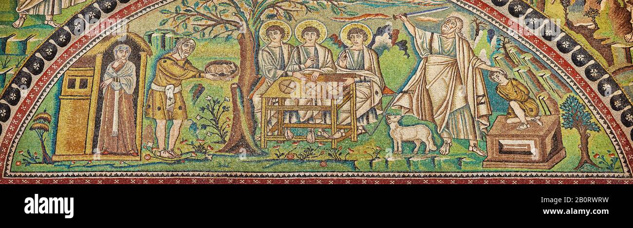 Pannello a mosaico raffigurante il Sacrificio di Isacco. Romano bizantino dei mosaici della Basilica di San Vitale a Ravenna, Italia. Decorazione a mosaico pagato da Foto Stock