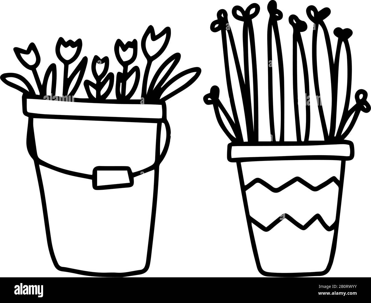 Un secchio di fiori, un vaso di piante in stile doodle disegnato a mano isolato su sfondo bianco. Illustrazione dello stock del contorno del vettore. Firma Illustrazione Vettoriale