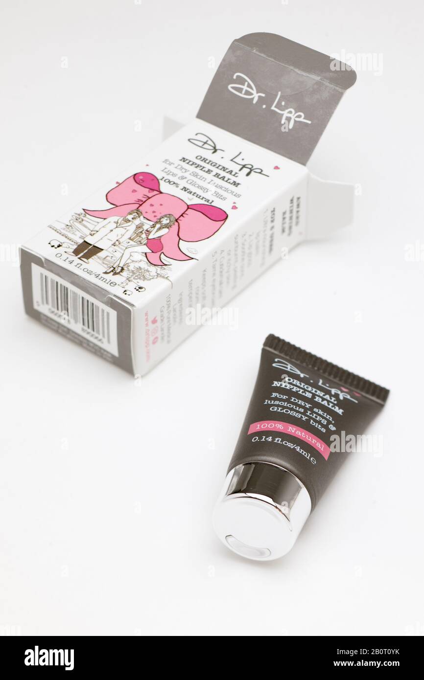 Confezione e tubo di Dr Lipp 100% Natural Nipple Balm per Labbra Luscious e altre punte lucide fragranza libera e insapore Foto Stock