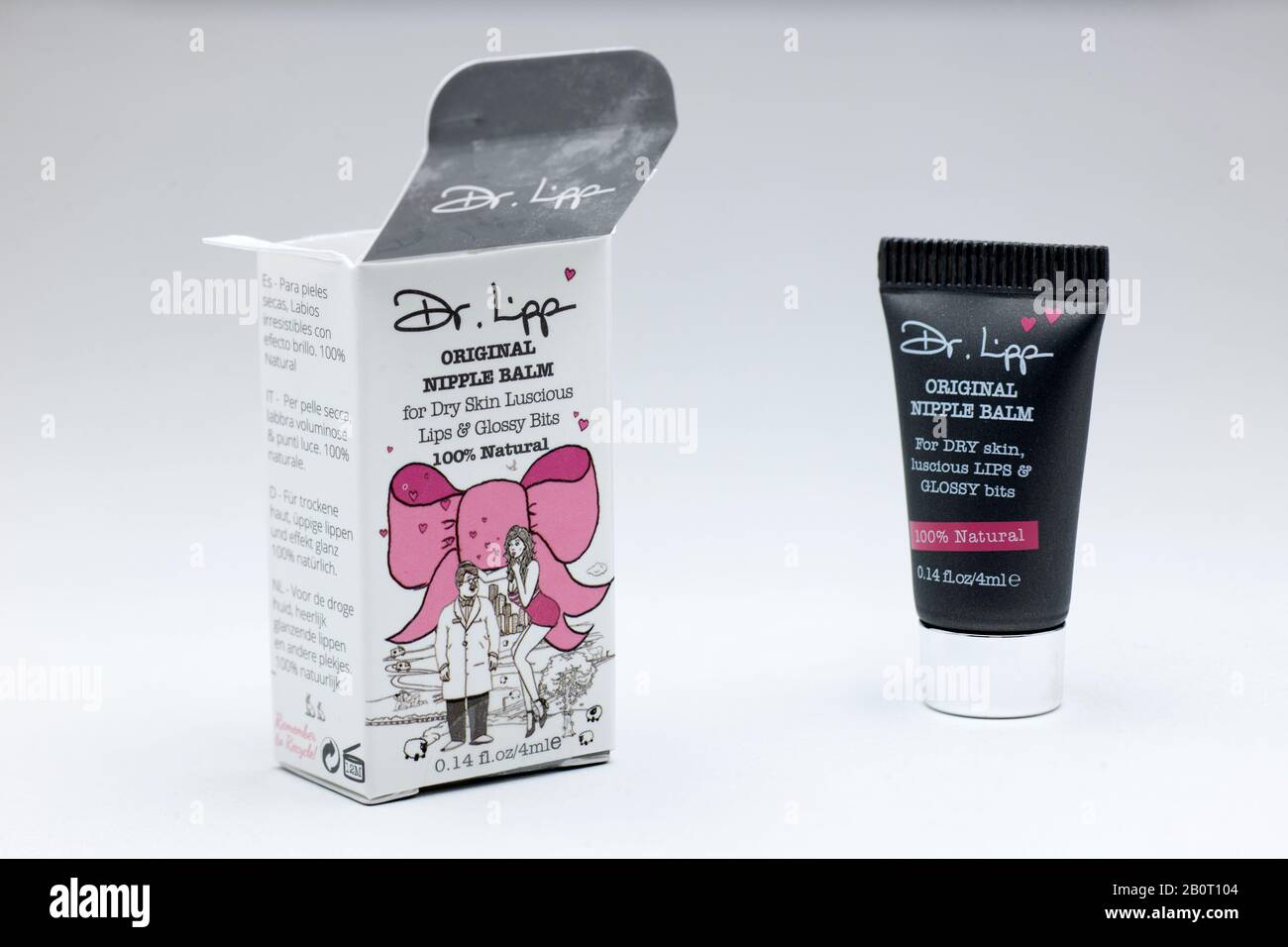 Confezione e tubo di Dr Lipp 100% Natural Nipple Balm per Labbra Luscious e altre punte lucide fragranza libera e insapore Foto Stock