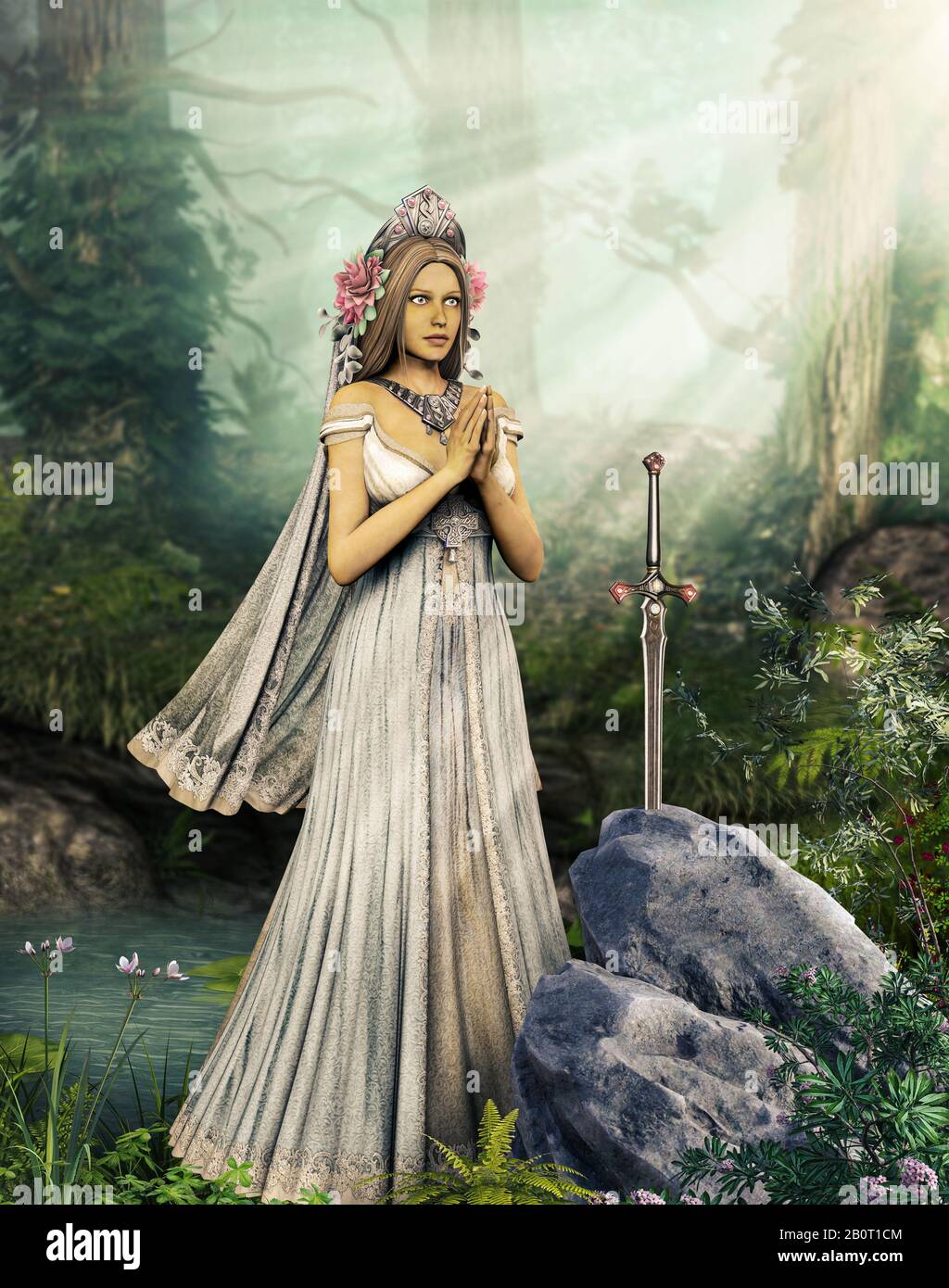 L'incantatrice Lady of the Lake prega la spada Excalibur, illustrazione ispirata dalla leggenda di re Artù, 3d rendering. Foto Stock
