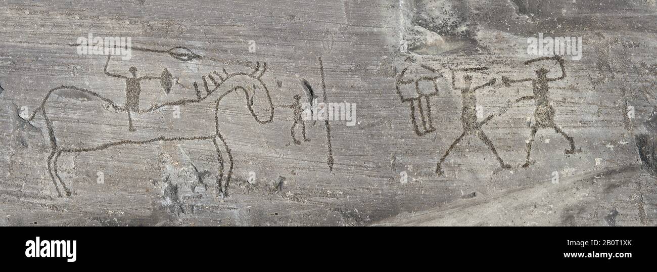 Petroglyph, scultura in roccia, di un uomo a cavallo con una lancia e due guerrieri che combattono con spade, scolpite dall'antico popolo Camuni nel ferro A. Foto Stock