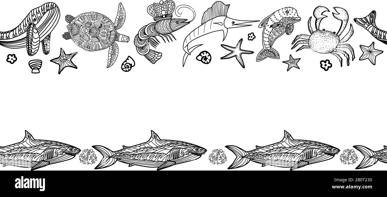 Bordo piatto orizzontale senza cuciture con animali oceanici in stile doodle isolato su sfondo bianco.illustrazione contorno vettoriale. Illustrazione Vettoriale