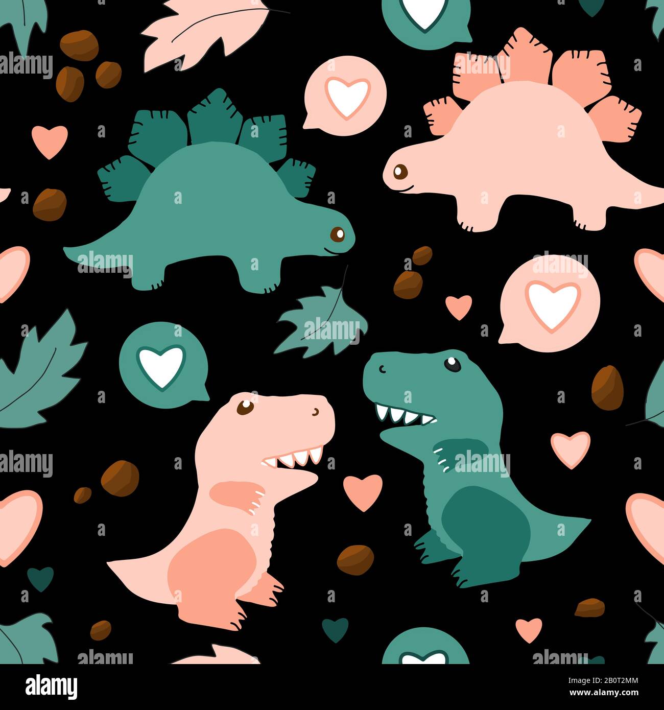 Disegno a mano senza cuciture con gli amanti dinosauri. Animali carini. Perfetto per tessuti per bambini, tessuti, carta da parati per vivai, carta da imballaggio, stampa. Illustrazione Vettoriale