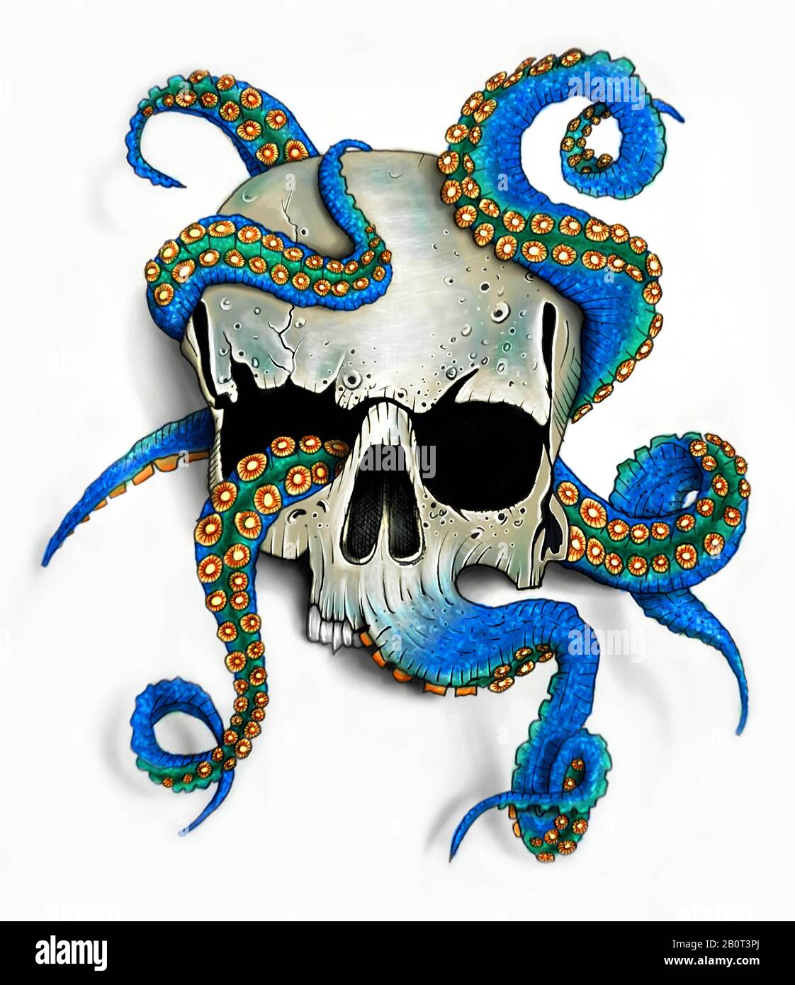 Cranio disegnato a mano,illustrazione di polpo.T-shirt print.Colorful tatuaggio design.Digital pittura Foto Stock