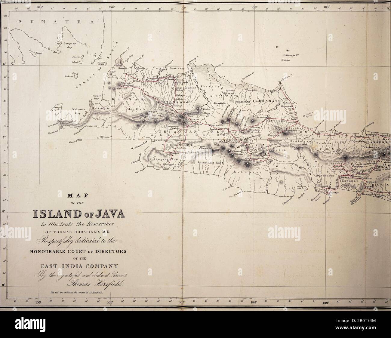 Antica mappa dell'ovest dell'isola di Giava dal manoscritto del 19th secolo 'Plantae Javanicae rariores, descriptae iconibusque illustratae, quas in insula Java, annis 1802-1818' (Piante Java, Descrizione delle piante sull'isola di Giava) di Horsfield, Thomas, 1773-1859 Pubblicato in latino a Londra nel 1838 Foto Stock