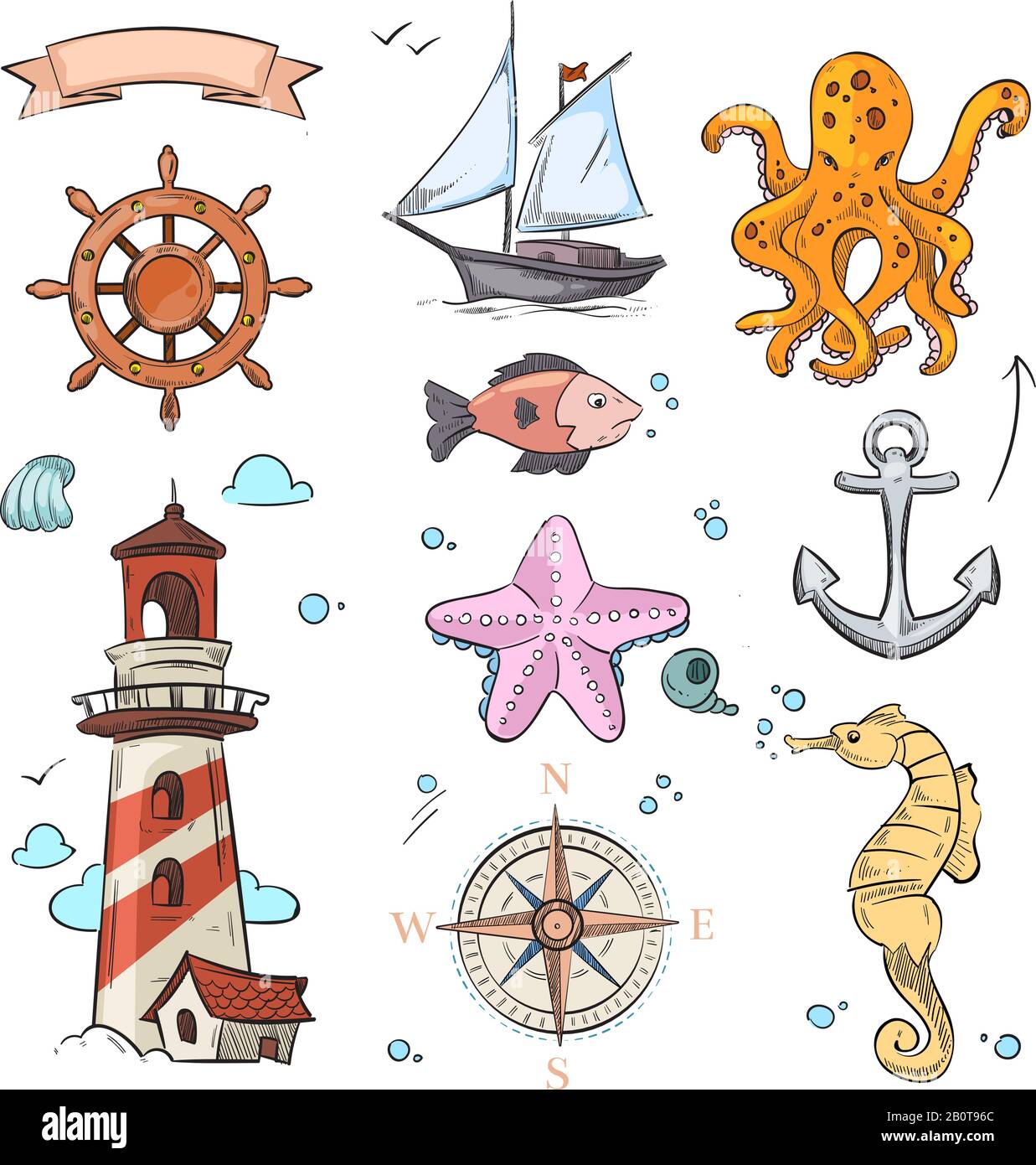 Set nautico vettore doodle design con stella di mare, polpo, barca a vela, ancora, bussola e faro. Volante e barca a vela, illustrazione di trasporto barca a vela nautica Illustrazione Vettoriale