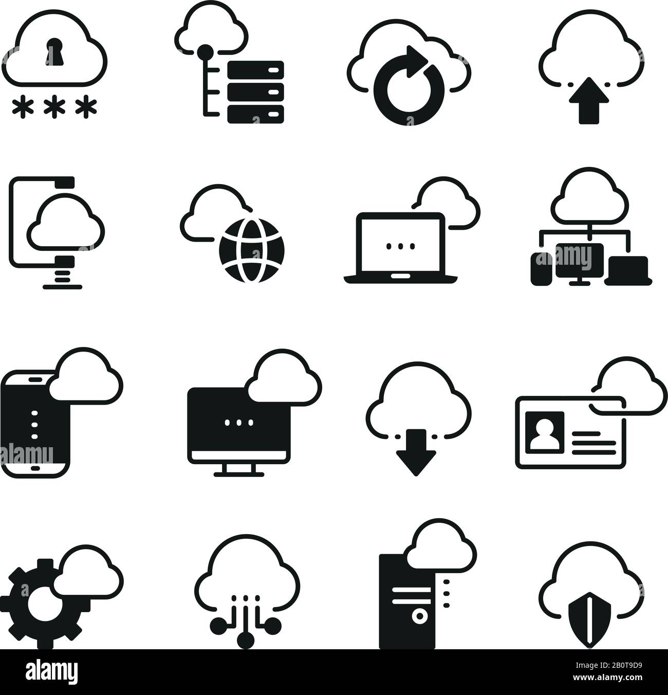 Set di icone vettoriali per il cloud computing su Internet. Scaricare il database dal cloud, illustrazione della protezione del cloud di rete Illustrazione Vettoriale
