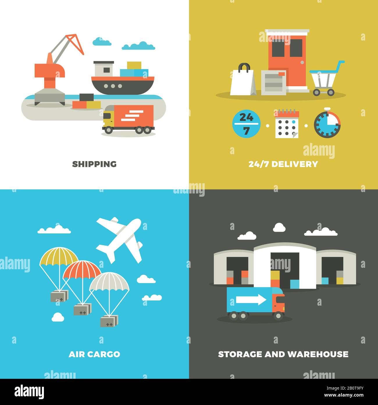 Logistica di spedizione e magazzino industriale in tutto il mondo. Tecnologia di prelievo e concetti vettoriali di consegna in tempo. Spedizione e carico aereo, illustrazione del banner del servizio di consegna Illustrazione Vettoriale